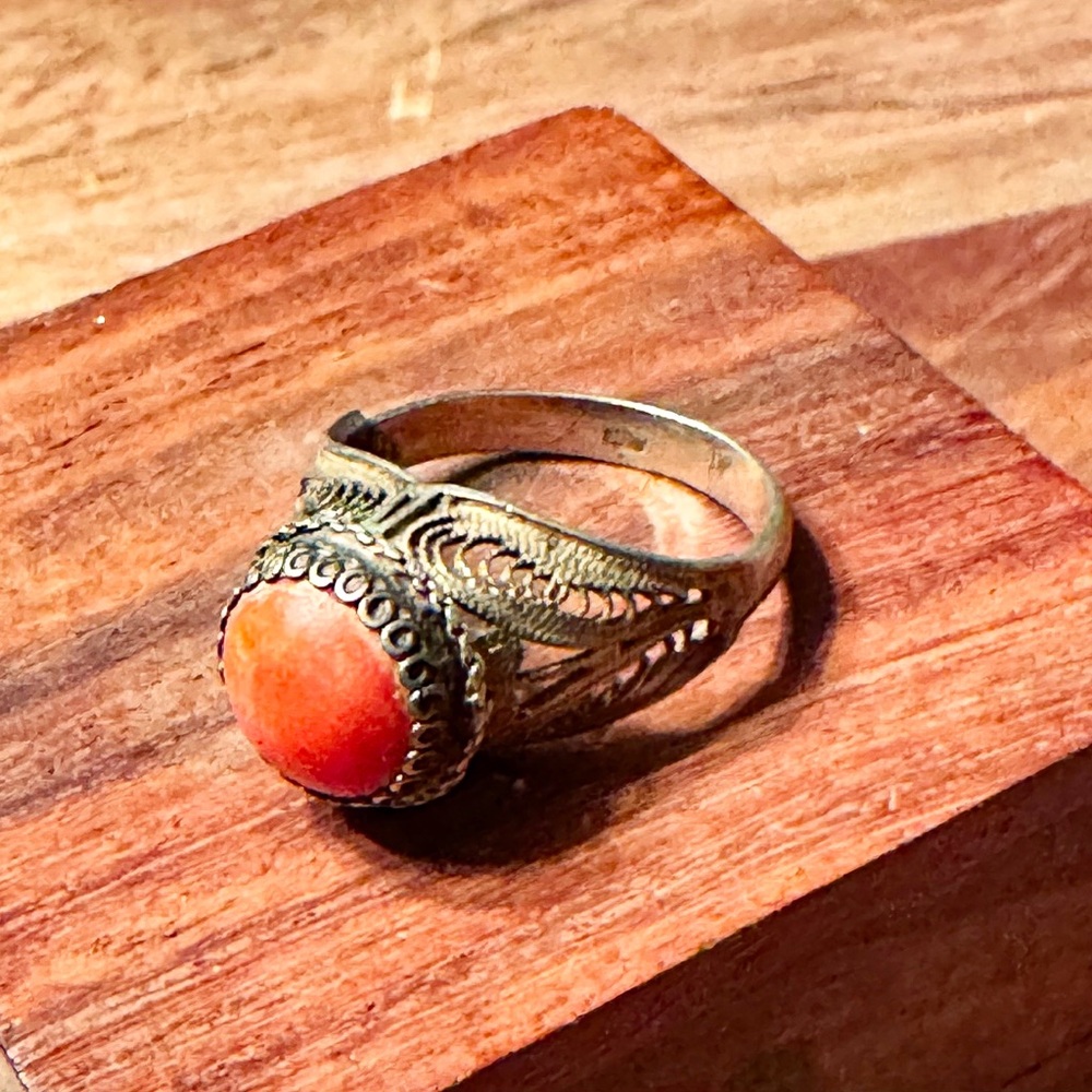 Antique Chinese Coral Ring   Filigree 800 Silver Vermeil Sz 7